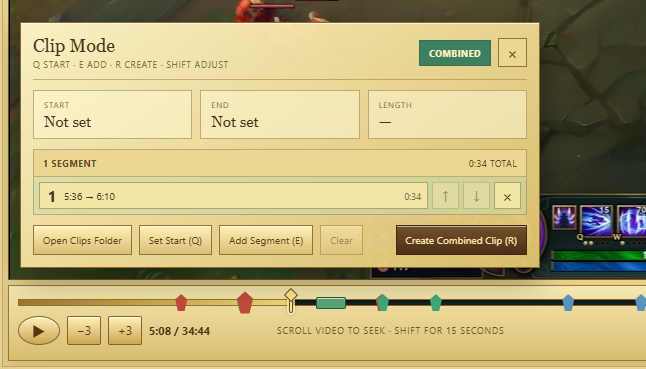 Vantage Clip Mode with a selected gameplay segment and controls for creating a combined clip