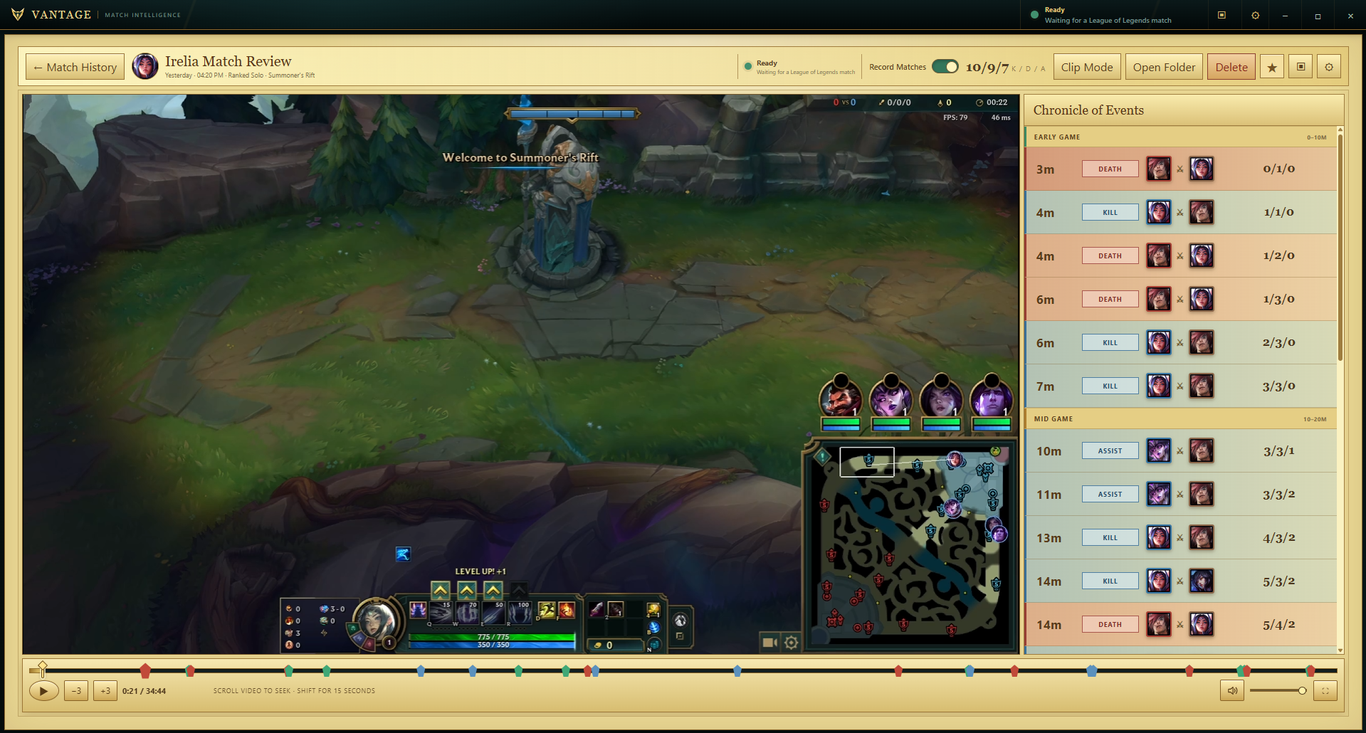 Vantage match review showing recorded gameplay, the Chronicle of Events, and an event-marked playback timeline